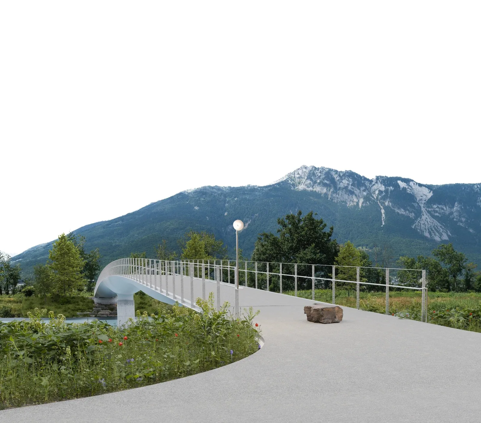Visualizzazione: percorso curvo sull’argine che conduce alla passerella, con prato fiorito, lampione e montagne sullo sfondo