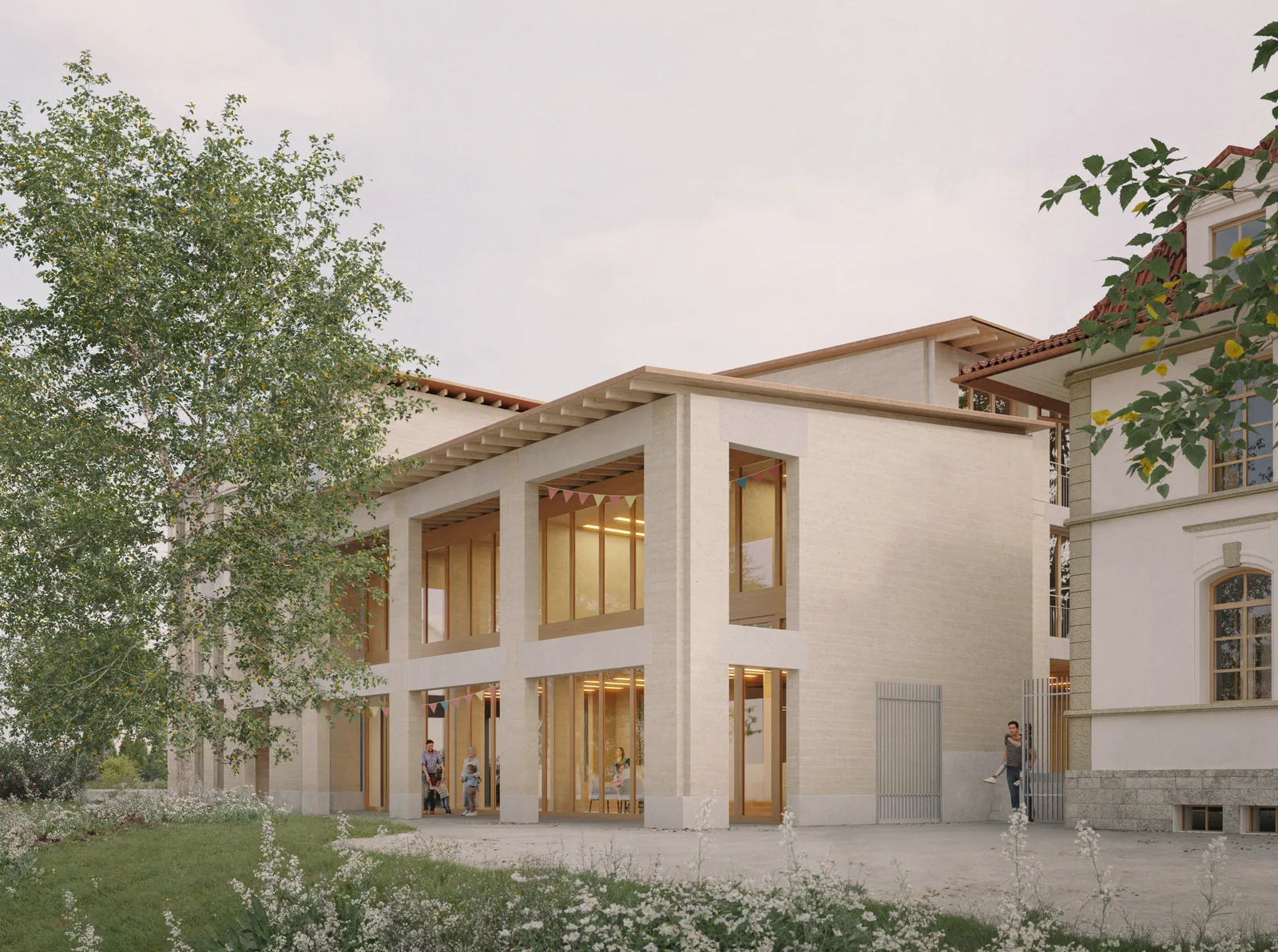 Givisiez, Le Bosquet, co-struct: scuola dell’infanzia, costruzione in terra, terra battuta, sostenibilità, costruzione in legno