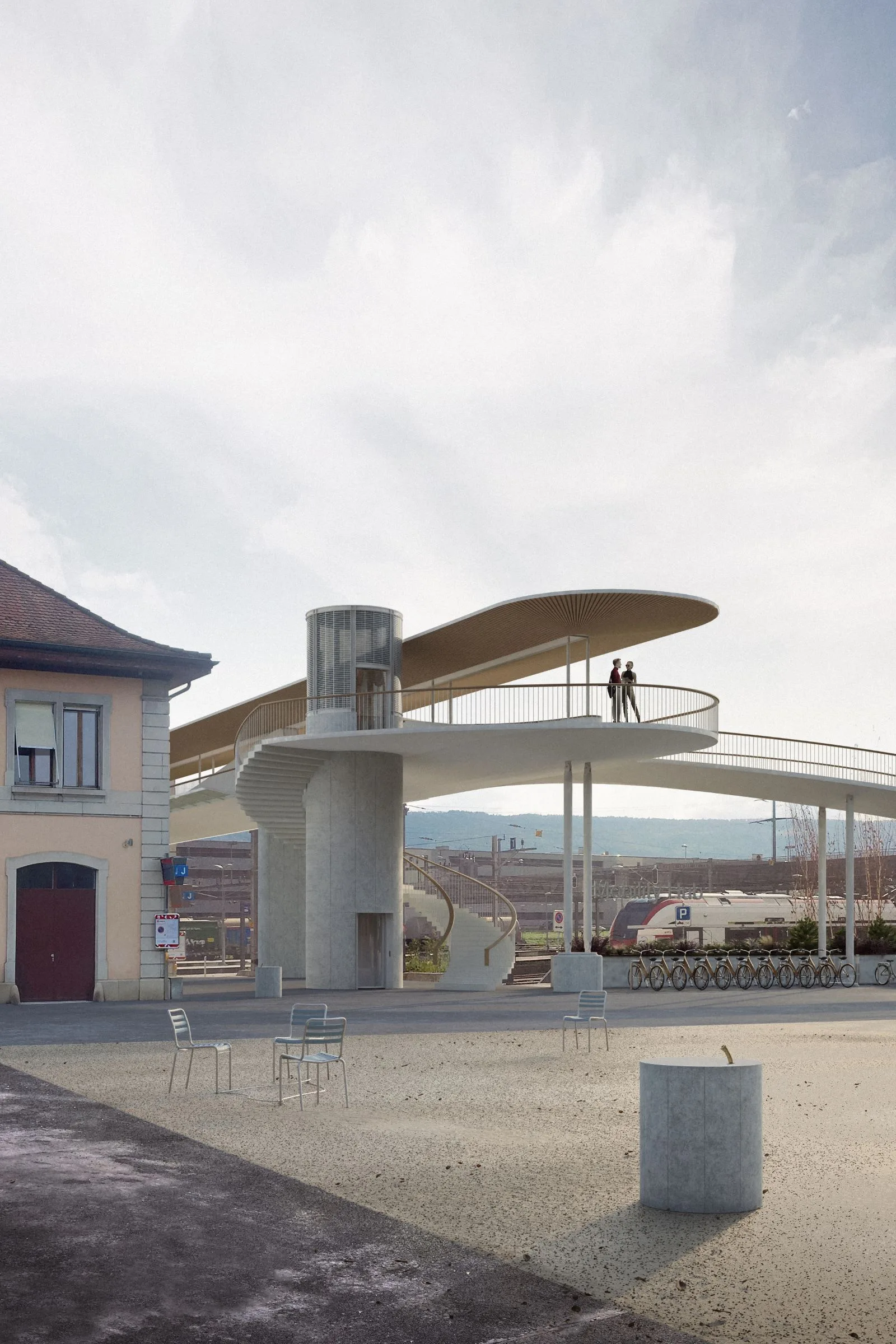 Architekturwettbewerb mit studio kalk in Delémont für eine Fussgängerbrücke über den SBB-Bahnhof aus Holz.