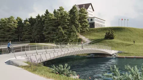 Render einer Fussgängerbrücke aus Naturstein in St. Moritz