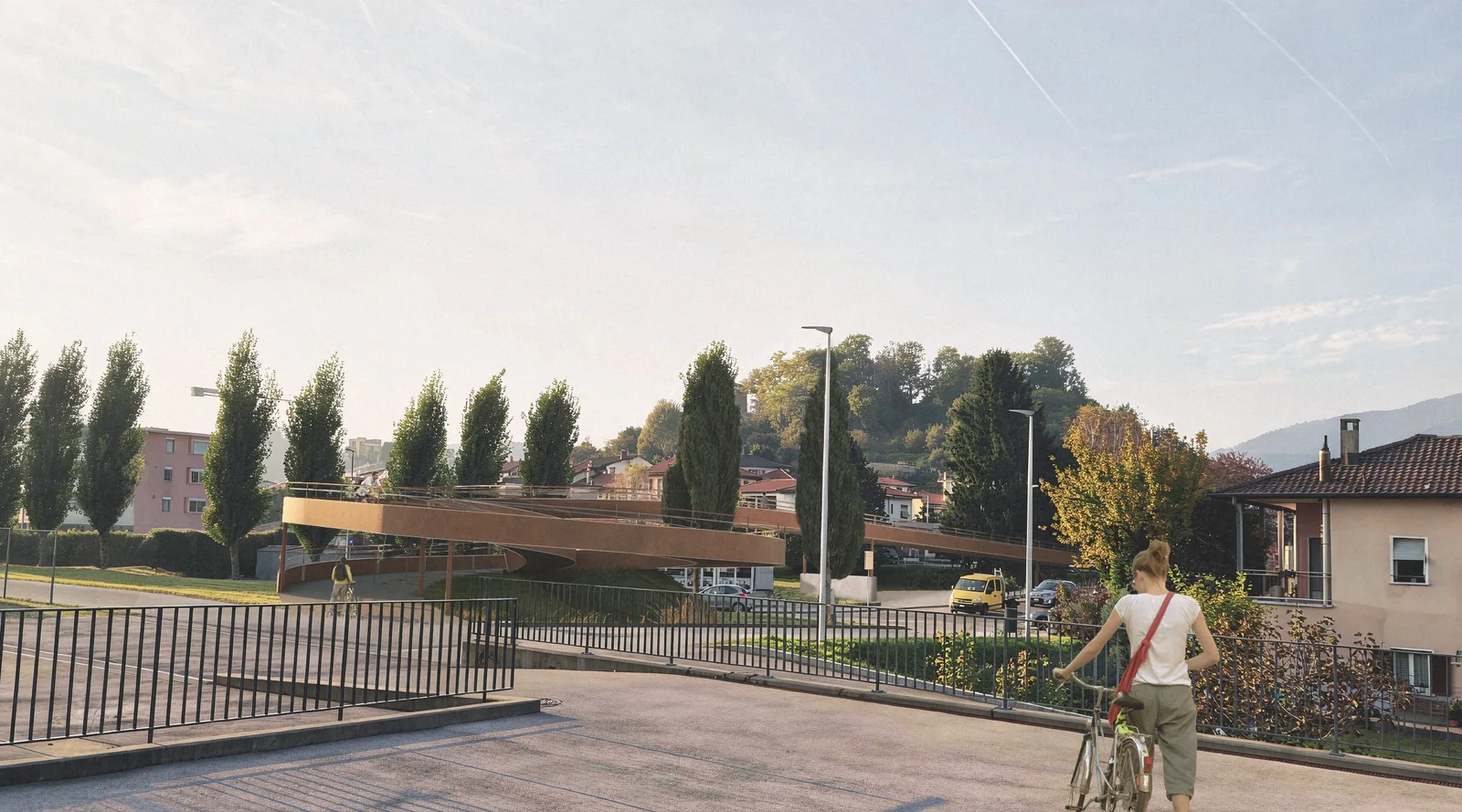 Visualizzazione: una ciclista a bordo strada, dietro di lei la rampa a spirale della passerella davanti a un filare di pioppi