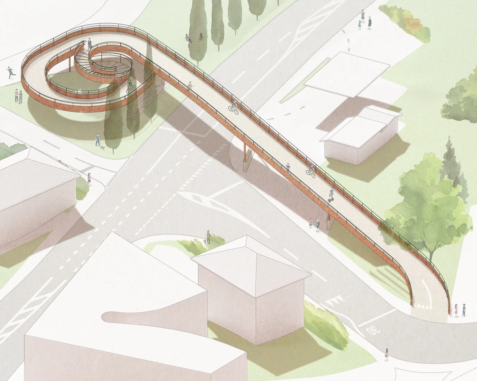 Assonometria aerea: il nastro continuo attraversa la strada e termina sul lato stazione con la rampa a spirale